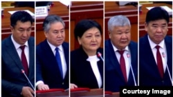 Коммуникациялар министри Тилек Текебаев, тышкы иштер министри Жээнбек Кулубаев, саламаттык сактоо министри Гүлнара Баатырова, энергетика министри Таалайбек Ибраев, маданият, маалымат, спорт жана жаштар саясаты министри Алтынбек Максүтов. (солдон оңго карай)