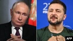 Украина президенті Владимир Зеленский (оң жақта) мен Ресей президенті Владимир Путиннің суреттерінен коллаж.