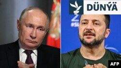 Russiýanyň prezidenti Wladimir Putin (çepde) we Ukrainanyň prezidenti Wolodymyr Zelenski 