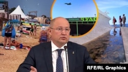 Коллаж. Российский глава Севастополя Михаил Развожаев. На фоне: муниципальный пляж, военный самолет и сточная канава на пляже в Севастополе