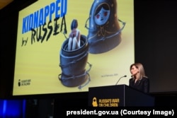 Перша леді Олена Зеленська виступає під час міжнародної конференції «Війна Росії проти дітей» (Russia’s War on Children) у Ризі. Латвія, 1 лютого 2024 року