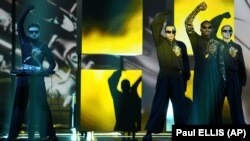 Music duo Tvorchi, performing on behalf of Ukraine, take part in a rehearsal ahead of the Eurovision Song contest 2023 at the M&S Bank Arena in Liverpool, England, on May 10.