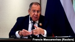 Міністр закордонних справ Росії Сергій Лавров на пресконференції під час саміту G20. Нью-Делі, Індія, 10 вересня 2023 року