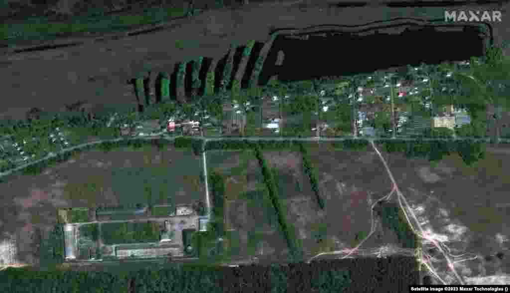 A May 15 image captures the village of Korsunka followed by an image showing the impact of the deluge.