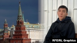 Аскар Кубанычбек уулунун Бишкекте сотто тартылган сүрөтү жана Кремль. "Азаттыктын" коллажы