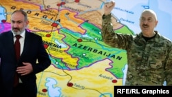 Армениянын жана Азербайжандын башчылары Никол Пашинян менен Илхам Алиев тартылган коллаж сүрөт.