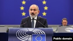 France - Armenian Prime Minister Nikol Pashinian addresses the European Parliament in Strasbourg, October 17, 2023.