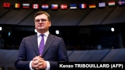 Ukrainian Foreign Minister Dmytro Kuleba waits for the start of the NATO-Ukraine Commission during a meeting of foreign ministers at NATO headquarters in Brussels on April 4.
