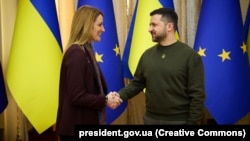 Ukrainian President Volodymyr Zelenskiy meets with the president of the European Parliament, Roberta Metsola, in Lviv on March 4.