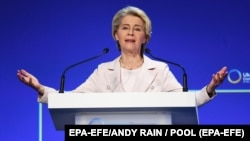 European Commission President Ursula von der Leyen speaks on the first day of the Ukraine Recovery Conference in London on June 21.