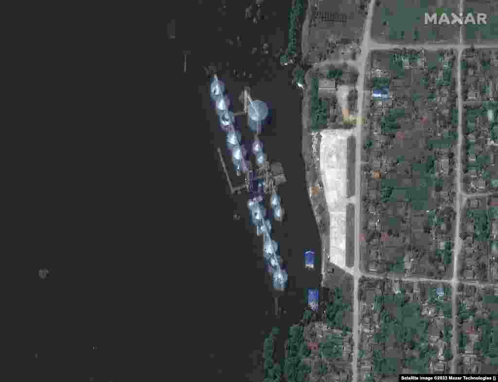 A view of the granary in Nova Kakhovka on June 5 and following the inundation on June 7.