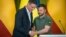 Spanish Prime Minister Pedro Sanchez (left) meets with Ukrainian President Volodymyr Zelenskiy in Kyiv on July 1. 