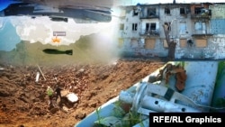 Колаж. Зруйнований будинок в Оріхові Запорізької області, вирва від керованої авіабомби, касетні снаряди і російський літак на тлі карти півдня України