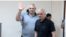 Armenia - Former Vanadzor Mayor Mamikon Aslanian (left) greets supporters during his trial in Yerevan, June 15, 2023.
