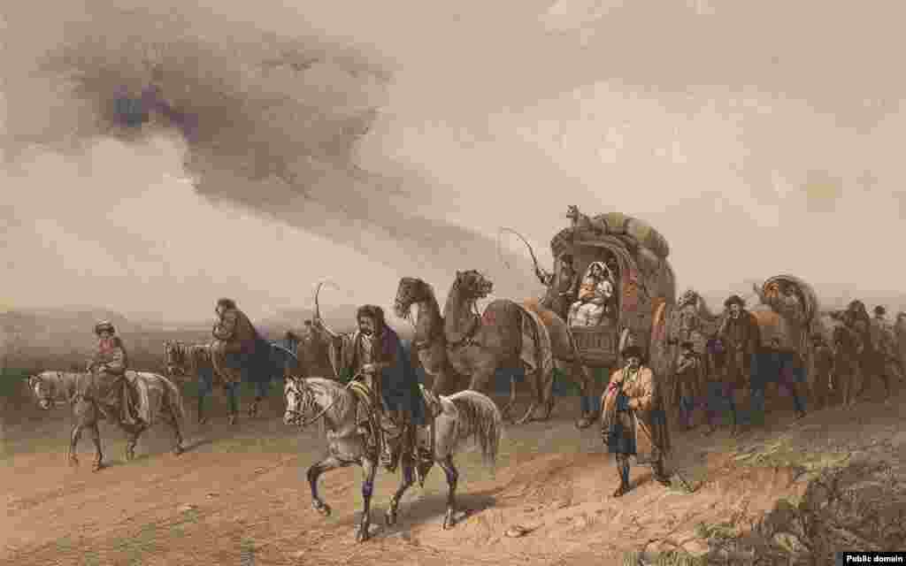 Krym düzlüginden barýan tatarlaryň kerweni &quot;Ajaýyp tebigat şekilleri we Krymyň özüne çekiji esasy ýerleri&quot; atly kitap 1856-njy ýylda çap edilipdir. Şol ýylda hem Bossoliniň Krym suratlary Londonda geçirilen sergide görkezilipdir.