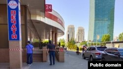 The office of Kaspi Bank where Muradov took seven people hostage in Astana in June.