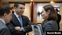 Belgium - Armenian parliament leader Alen Simonian talks to Belarusian opposition leader Svyatlana Tsikhanouskaya in Brussels, March 21, 2024.