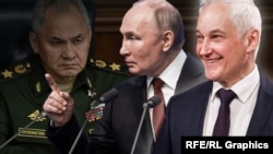 Сергей Шойгу, Владимир Путин жана Андрей Белоусов. Коллаж.