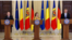 German Chancellor Olaf Scholz (left to right), Moldovan President Maia Sandu, and Romanian President Klaus Iohannis hold a press conference in Bucharest on April 3.