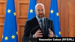 Moldova - European Council President Charles Michel speaks during a news conference in Chisinau, March 28, 2023.