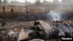 Дымящиеся обломки самолёта, выполнявшего рейс MH17 и сбитого над Донецкой областью Украины