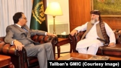 نورالدین عزیزی، سرپرست وزارت صنعت و تجارت حکومت طالبان در دیدار با جلیل عباس جیلانی وزیر امور خارجه حکومت موقت پاکستان