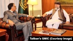 نورالدین عزیزی، سرپرست وزارت صنعت و تجارت حکومت طالبان هنگام ملاقات با جلیل عباس جیلانی سرپرست وزارت امور خارجه حکومت موقت پاکستان