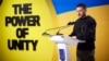 Ukrainian President Volodymyr Zelenskiy delivers a speech at the United24 summit in Kyiv on May 5. He later declared May 8 a day "of a united Europe, the basis of which should be and will be peace." 