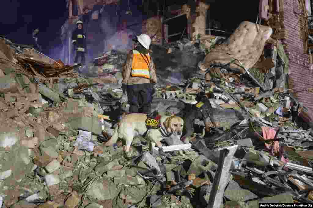 Antares search dogs hunt through rubble for survivors or the bodies of those killed after a Russian missile strike in Zaporizhzhya in October 2022. When Kremlin-backed forces began a war in eastern Ukraine in 2014 that eventually escalated into Russia&#39;s full-scale 2022 invasion, the Antares team became focused largely on searching through the rubble of buildings hit by missiles and rocket artillery.&nbsp; &nbsp;