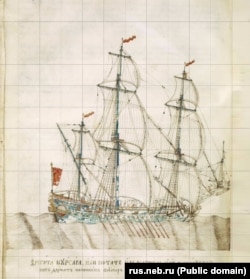 Марко Мартиновичтин 1697–98-жж. дарсынын орусча котормосунун кол жазмасындагы кеме (фрегата).