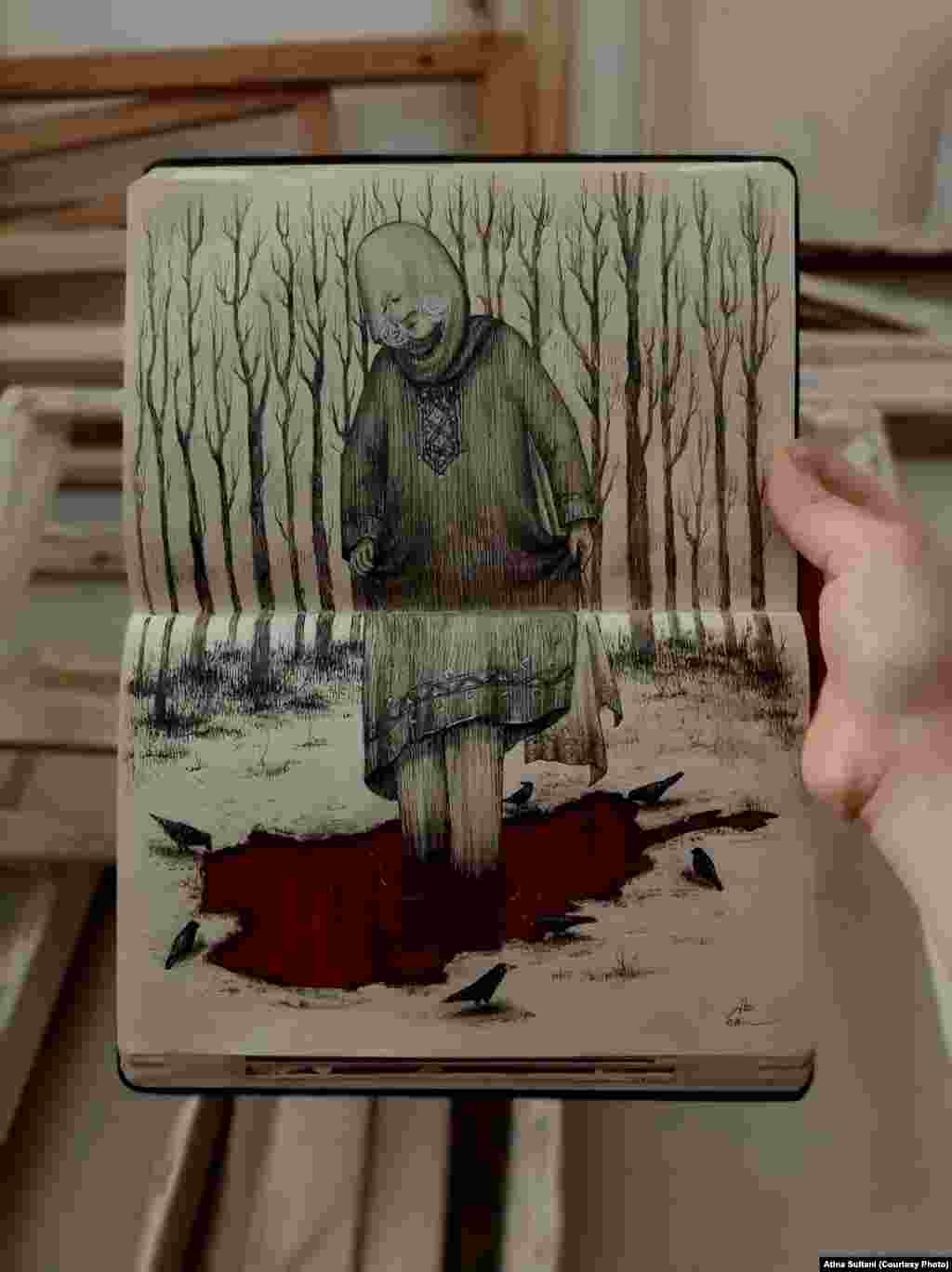 عتینا سلطانی باشنده ولایت هرات است و از پوهنزی هنرهای زیبای پوهنتون هرات فارغ شده&zwnj;است. پس از تکمیل کردن ماستری&zwnj;اش مصروف آموزش انگلیسی بود و در جست&zwnj;وجوی کار بود، اما حالا می&zwnj;گوید: &quot;من از هر دویش بی&zwnj;بهره شده&zwnj;ام.&quot; عتینا می&zwnj;گوید، طالبان به فارغان زن دیپلوم&zwnj;های شان را نمی&zwnj;دهند و از همین خاطر نتوانسته دیپلوم خود را بدست بیاورد که در جایی دیگری به آموزش خود ادامه بدهد. او به این تصویر نام &laquo;جنگ سرد&raquo; را داده است. 