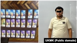 Кармалган адам жана ал ташып бараткан Швейцария франкы. УКМК тараткан сүрөт.