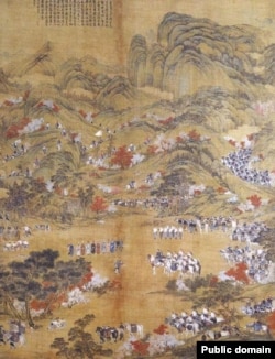 Бээжиндин жанындагы Муран коругунда кыргыздын сегиз элчиси Кытайдын Цин (Чиң) сулалесинин императору Чианлоң менен учурашып жаткан учур. Бээжиндин теги италиялык ак сарай сүрөтчүсү Жузеппе Кастилионе (1688–1766) 1758-ж. тарткан сүрөттүн жалпы көрүнүшү