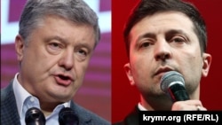 Украинанын президенттигине талапкерлер Петро Порошенко жана Владимир Зеленский. Иллюстрациялык сүрөт.