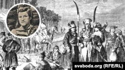 Выява Габрыэля Есьмана са старога здымку на фоне малюнку паўстанцкага атраду.