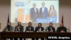 Armenia - Defense Minister Suren Papikian (third from right) and other senior members of the ruling Civil Contract party hold an election campaign meeting in Vedi, March 25, 2022.