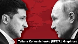 Ukrayina prezidenti Volodımır Zelenskıy ve Rusiye prezidenti Vladimir Putin Qırım üzerinde. Fotokollaj