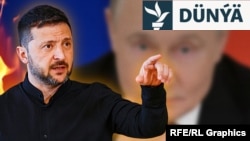 Ukrainanyň prezidenti Wolodymyr Zelenski (öňki planda) we Russiýanyň prezidenti Wladimir Putin (arkada). Illýustrasiýa suraty