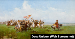 Картина, написана в 1878–79 роках, польського художника Юзефа Брандта (1841–1915). Як вважають історики та мистецтвознавці, на першому плані справа козацьке військо веде Петро Сагайдачний