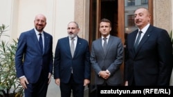 Czech Republic - The leaders of Armenia, Azerbaijan, France and the EU pose for a photograph before their talks in Prague, October 6, 2022.