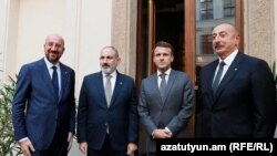 Czech Republic - Armenian Prime Minister Nikol Pashinian, Azerbaijani President Ilham Aliyev, French President Emmanuel Macron and European Commission President Charles Michel meet in Prague, October 6, 2022.