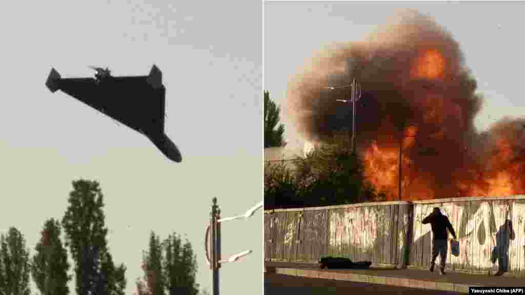 Photos capture the moments before and after the impact of a Russian-operated, Iranian-made kamikaze drone in Kyiv on October 17, 2022.
