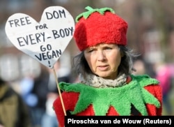 Амстердамда мурда өткөрүлгөн карантиндик чектөөгө каршы нааразылык жыйындын катышуучусунун колундагы көрнөктө "Ар кимге эркиндик! Вегетариан болгун!" деп жазылган. Нидерланддар. 2021-жылдын 21-февралы.