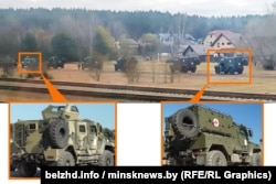Каляж. Уверсе фатаздымак «Таварыства чыгуначнікаў Беларусі», які зафіксаваў разгрузку браняваных аўтамабіляў на станцыі Азярышча 30 сакавіка. Ніжэй фатаздымкі браняваных аўтамабіляў «Лінза» і «Спартак» на рэпэтыцыі параду. Аэрадром Ліпкі, 3 красавіка 2025 году