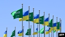 Flags of Saudi Arabia and Ukraine line the King Abdulaziz Road in the Saudi Red Sea port city of Jeddah ahead of a visit by the Ukrainian President on March 10, 2025.