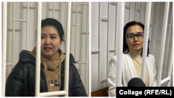 Активисттер Орозайым Нарматова жана Перизат Суранова темир тор артында отурушат. Сот залы. Декабрь, 2022-жыл. Бишкектин Биринчи май райондук соту. 