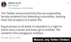 میلانی ژولی وزیر خارجه کانادا در صفحه تویتر خود عملکرد طالبان در برابر دختران و زنان افغانستان را تقبیح کرد