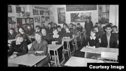 Omarova (circled at left) is seen in a school photo from Oral in the late 1970s or early '80s.
