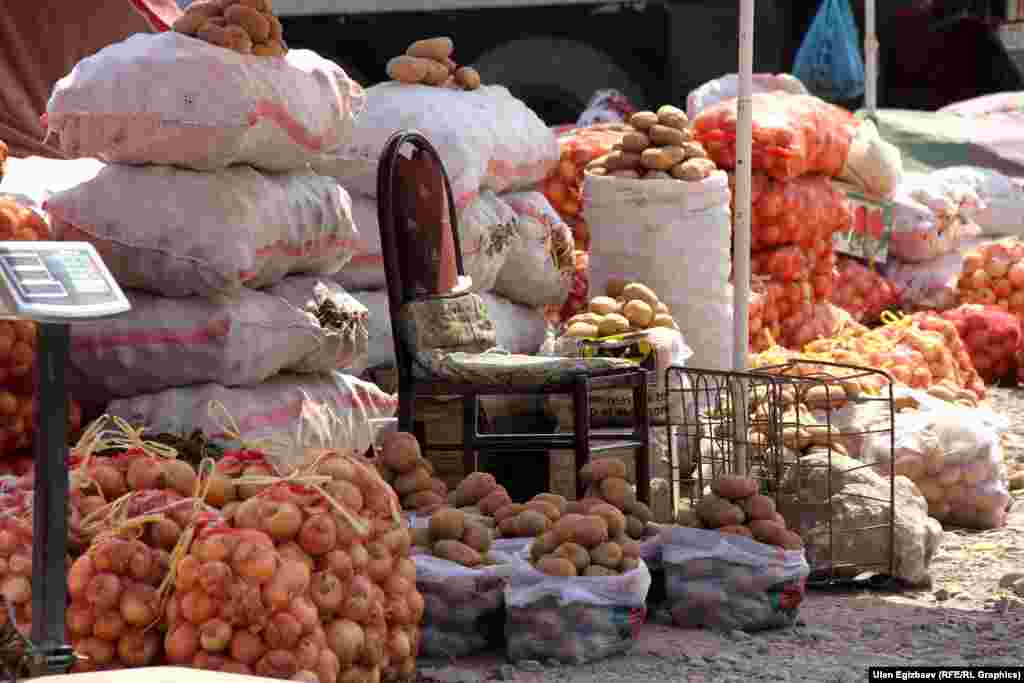 Базардын ичинде орун тартыш болгондуктан айрым сатуучулар жер-жемишти жол жээгинде сатышат.&nbsp;