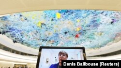 
میشل باچله، کمیشنر حقوق بشر سازمان ملل متحد هنگام سخنرانی برای اعضای این شورا در ژنیو. 